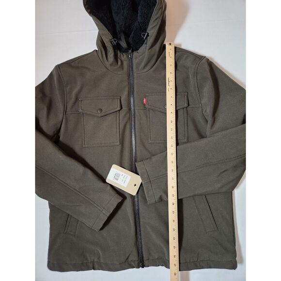 Levi’s Men’s Hooded Trucker Jacket – Size Large, Olive, Sherpa-Lined Softshell - Picture 4 of 9